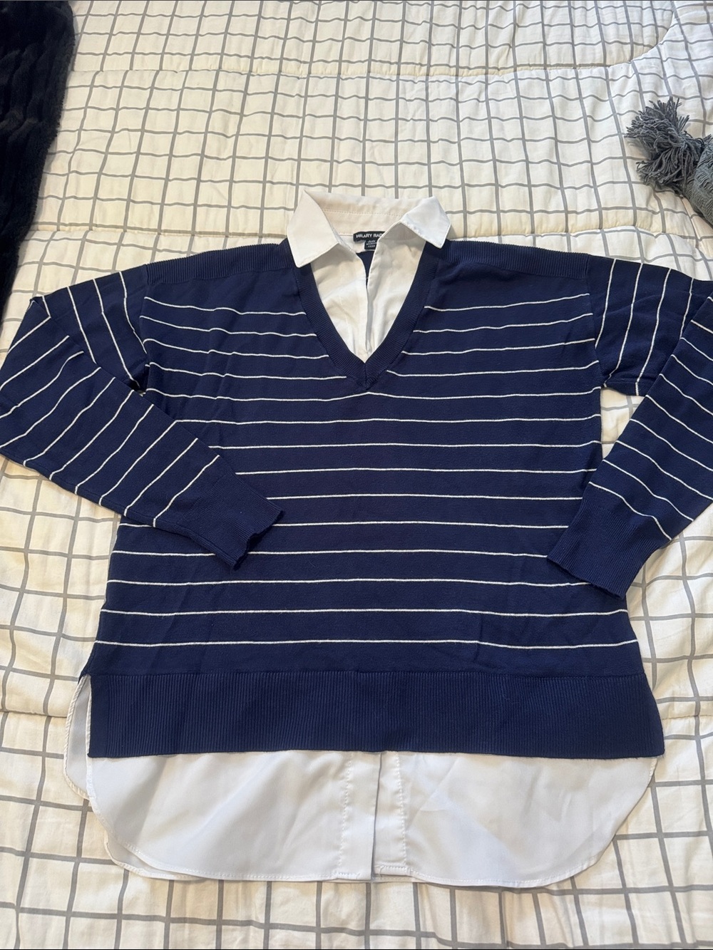 Hilary Radley Navy V-Neck Sweater with White Stripes